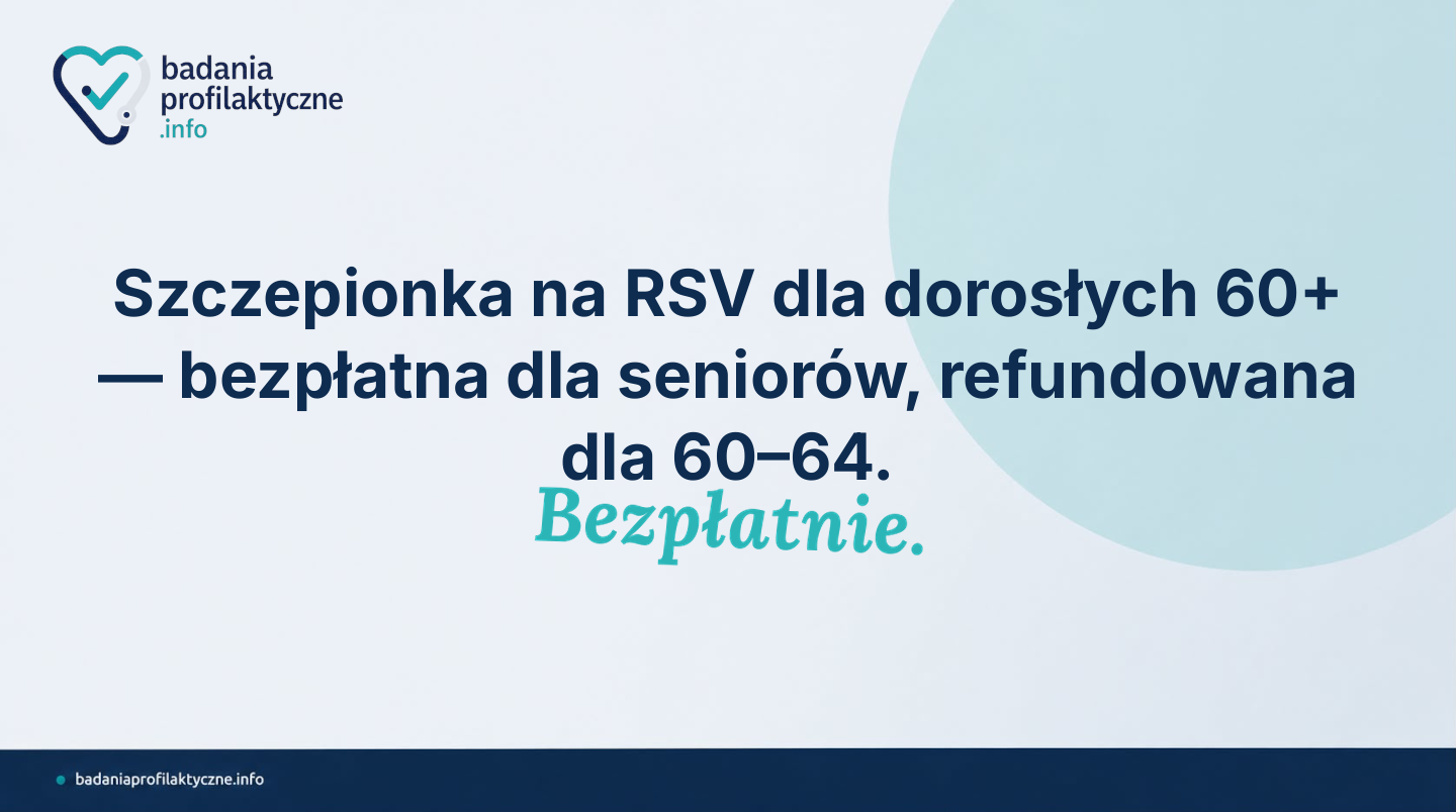 RSV powoduje poważne choroby dróg oddechowych u dorosłych po 60. roku życia. Od 2025 roku obie dostępne w Polsce szczepionki są bezpłatne dla osób 65+ i refundowane w 50% dla grupy 60–64.